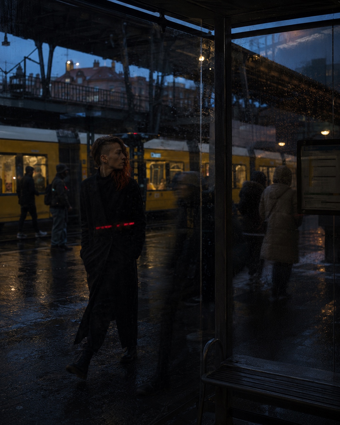 Berlin: a woman in a black coat beside a rain-soaked tram stop, with a quiet red reflection across her coat